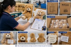 Plush toy quality inspection with carton, packaging, tag, label, and size checks