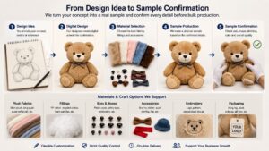 Custom plush toy sample confirmation process with sketches, fabric swatches, fillings, accessories, and finished teddy bear sample