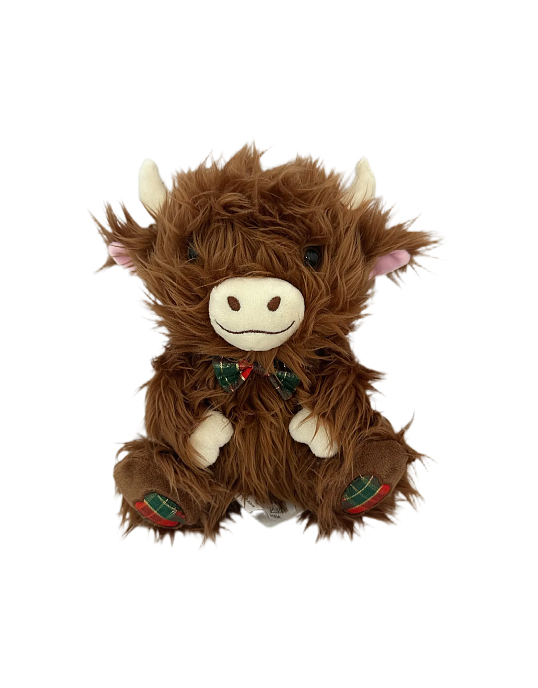 Scottish Highland Cow Plush Toy with Tartan Details, fluffy long-haired stuffed animal